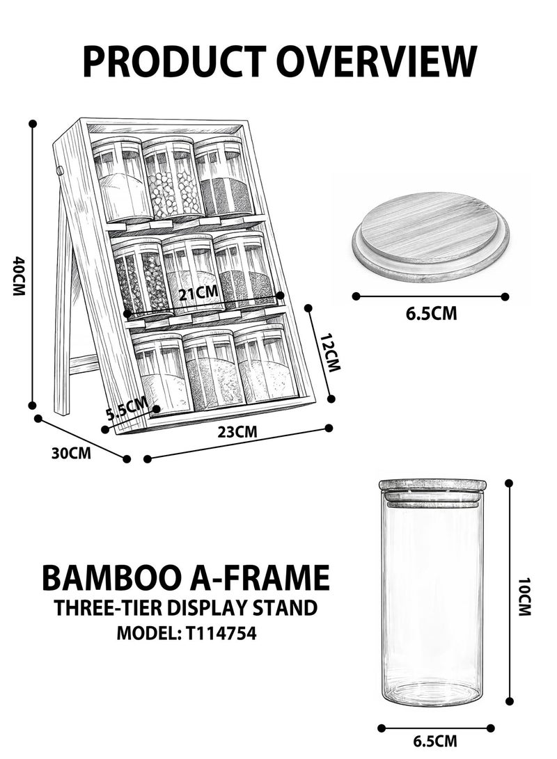 Toshionics 9 PCS Bamboo Spice Jar Organizer with Borosilicate Glass Jars – Foldable Kitchen Storage Rack with Airtight Lids for Spices, Herbs & Seasonings - Image 2
